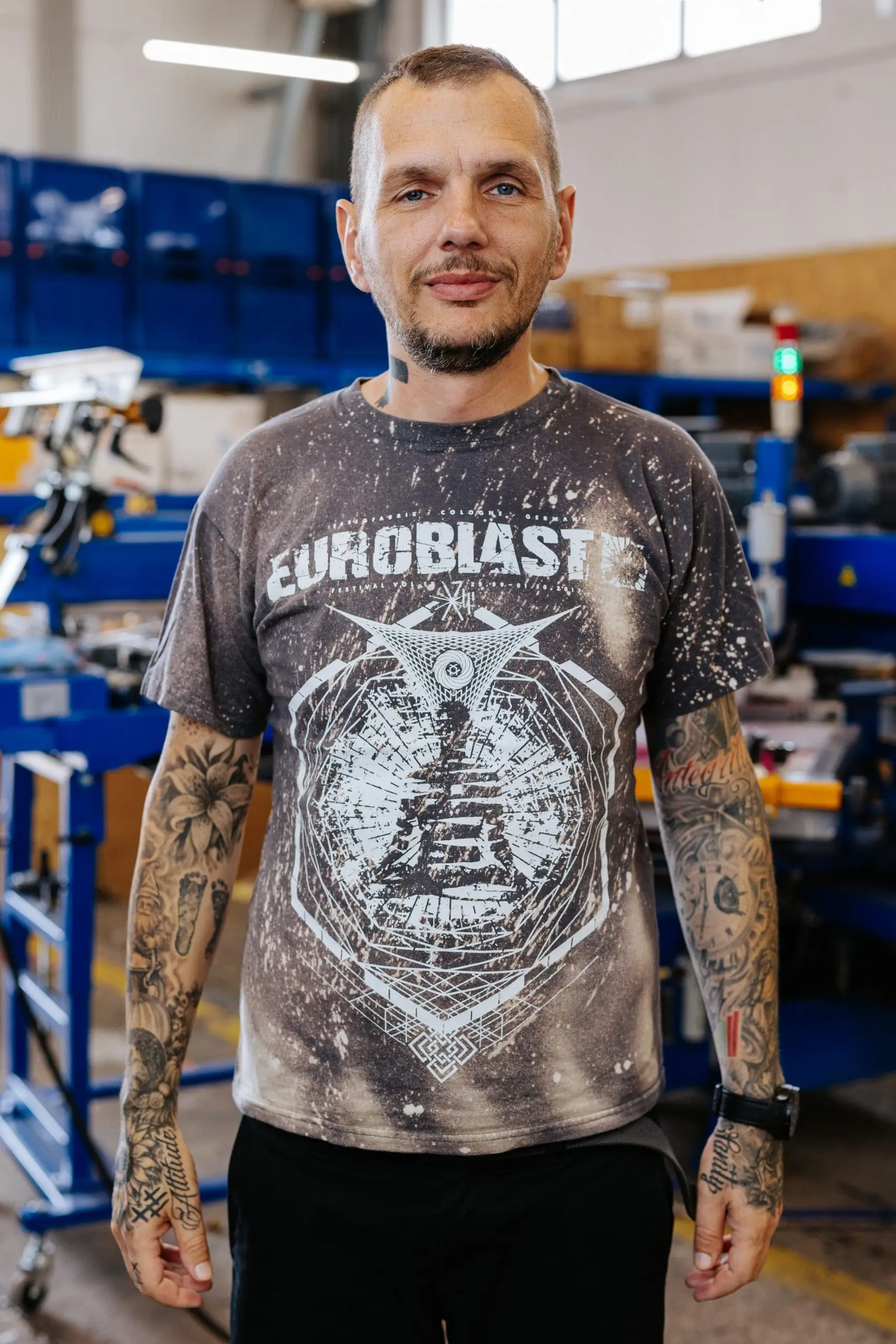 Euroblast Festival merchandise t-shirt with distressed screen print and geometric design