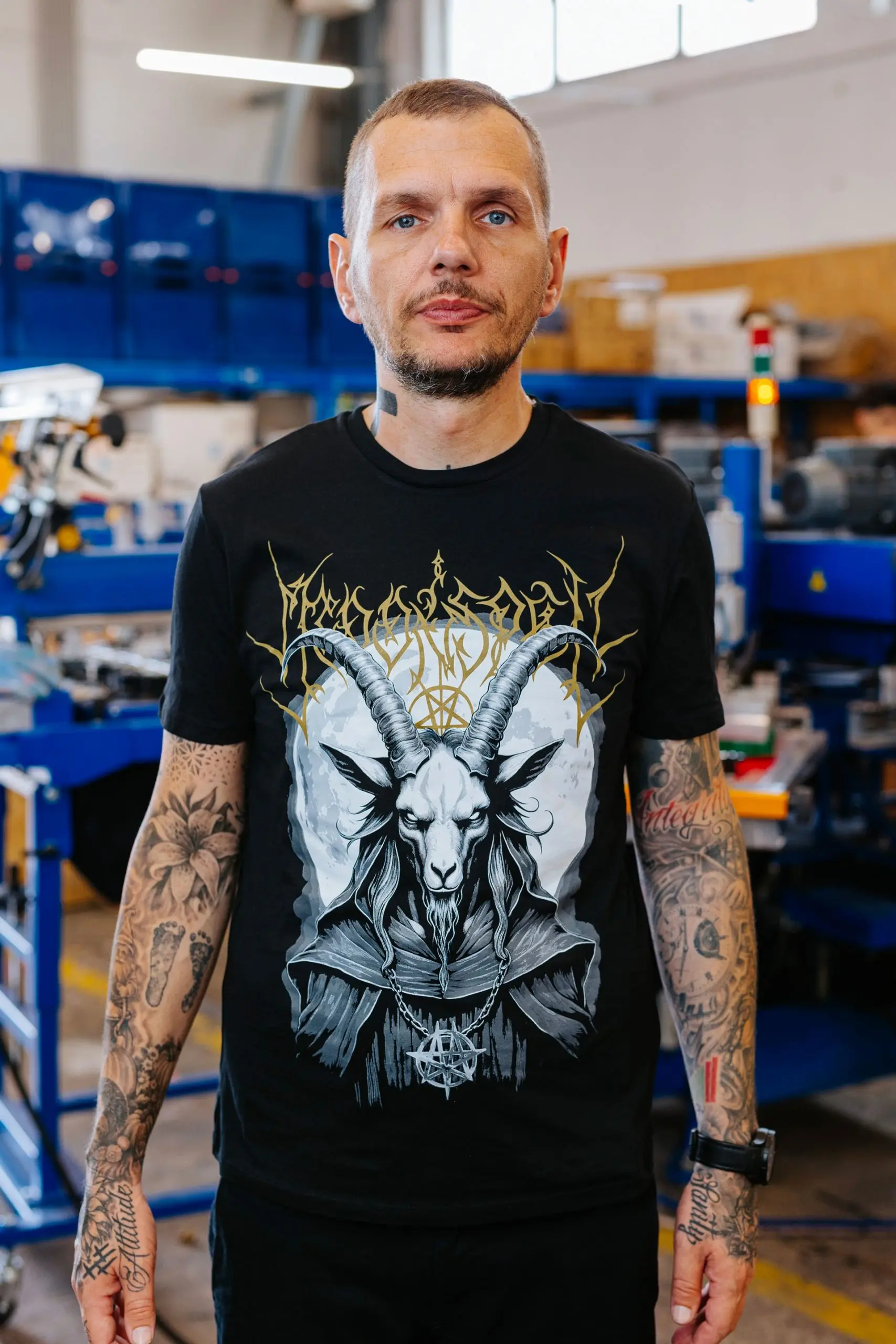 Moonspell black metal band t-shirt with occult goat design and inverted pentagram