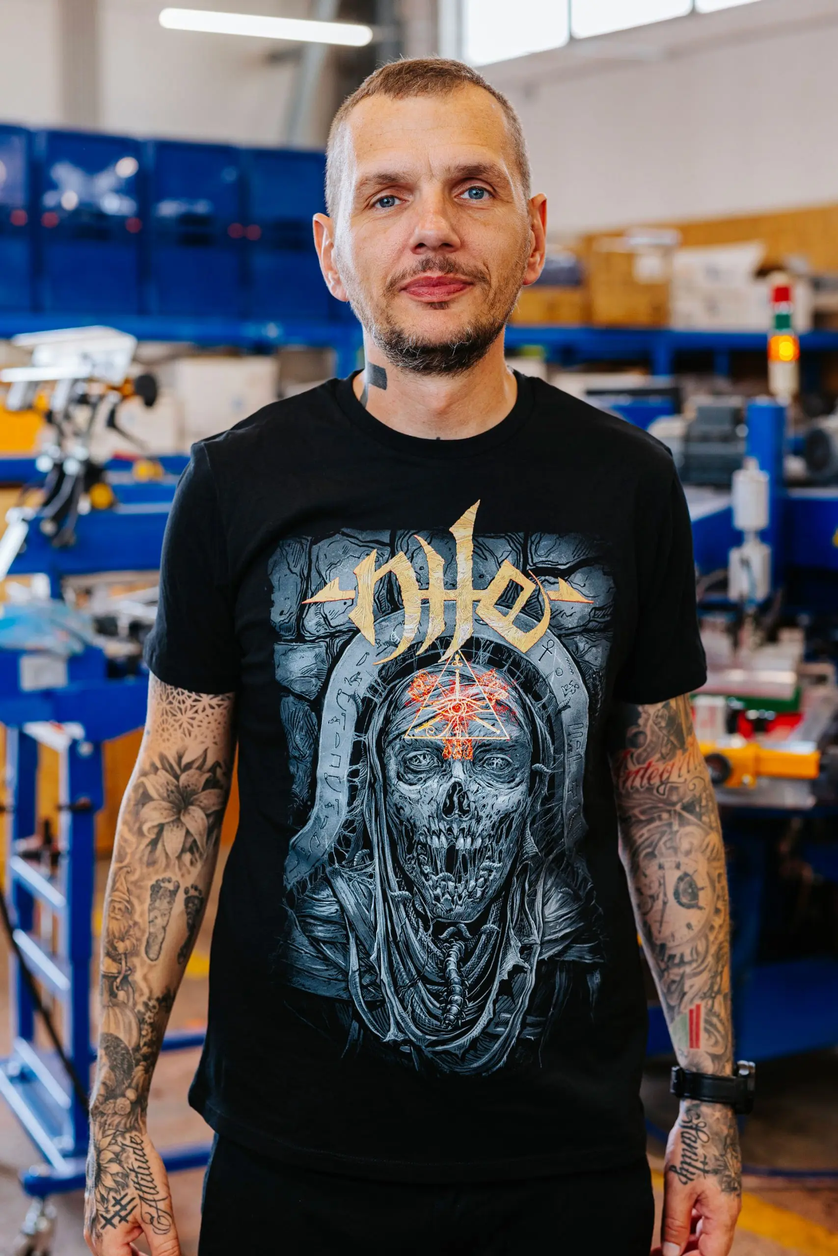 NHE band merchandise t-shirt with custom screen printed artwork