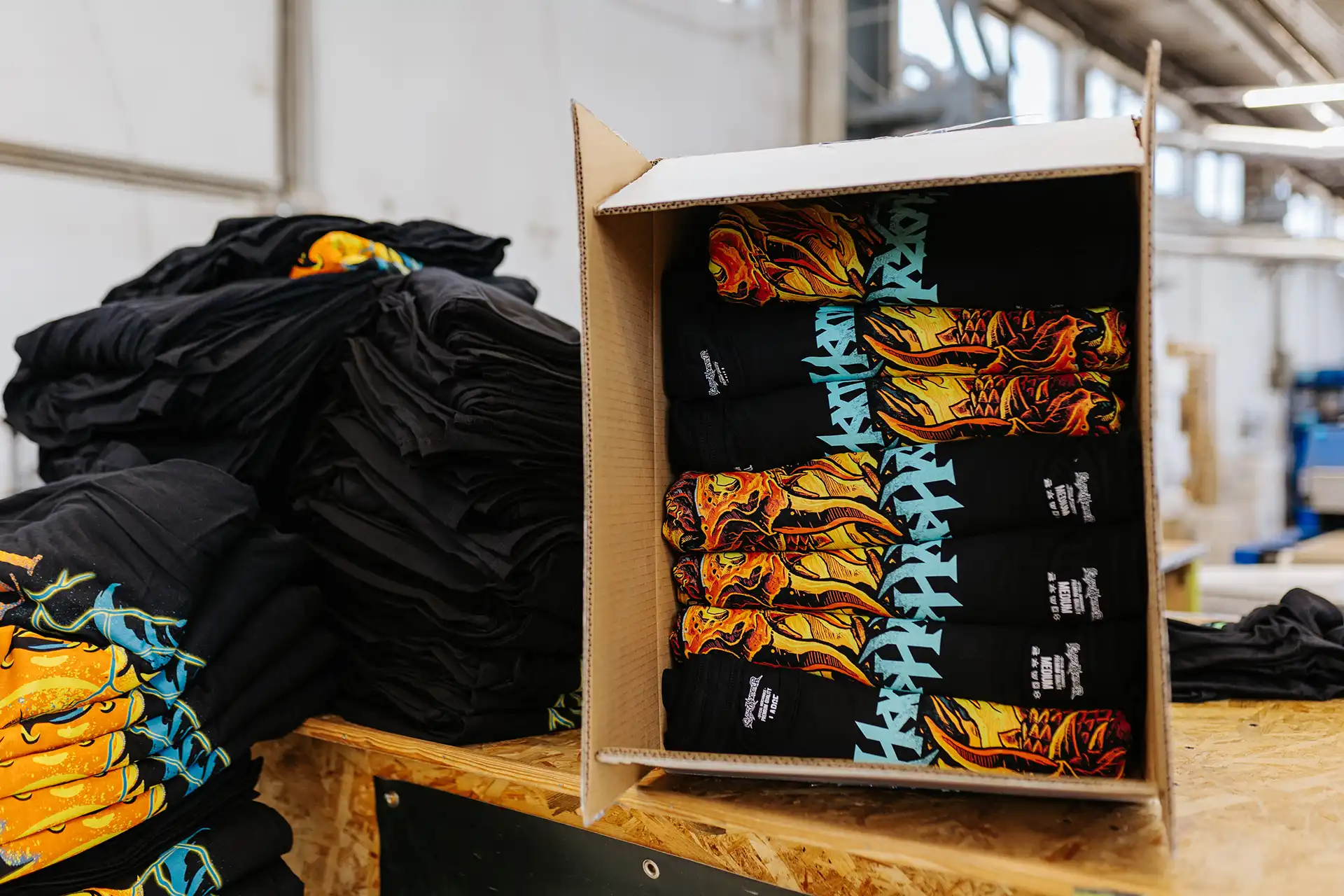 Professionally packed GLORYPIMP band tour merchandise ready for European shipment