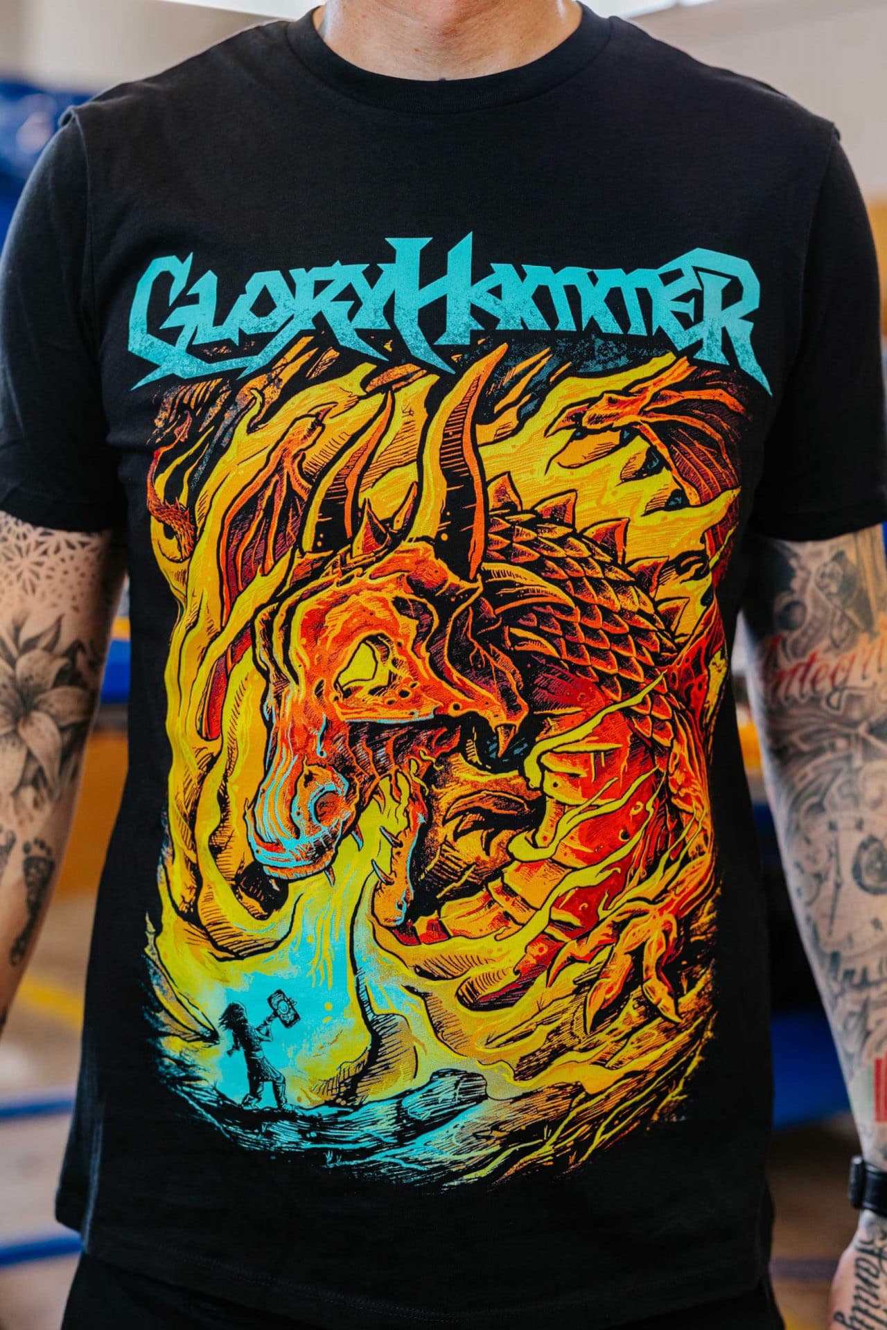 Gloryhammer metal band t-shirt featuring vibrant multi-color fantasy screen print design